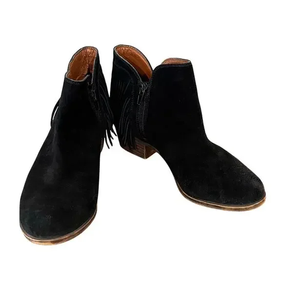 Lucky Brand Black Suede Fringe Ankle Boots Women’s Size 7 Western Boho Booties - Picture 3 of 9